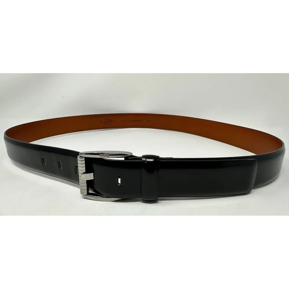Tods Mens Black Leather Belt Silver Buckle Made in Italy Size 105 US 38